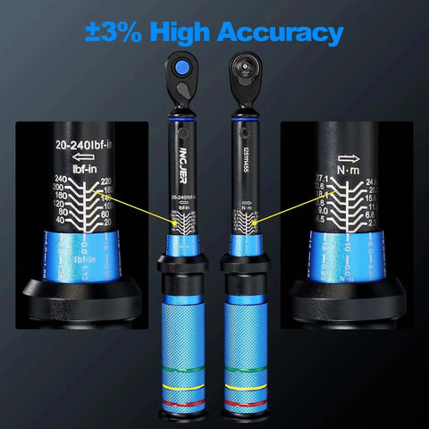 UPGRADE Mini Torque Wrench 1/4" Drive Click, 20-240in.lb, Dual-Direction, with 72 Tooth for Bikes and Motorcycles, highlighting accuracy.