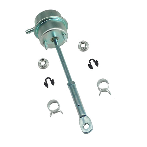 Turbo wastegate vacuum actuator with long mounting rod and hardware in metallic finish