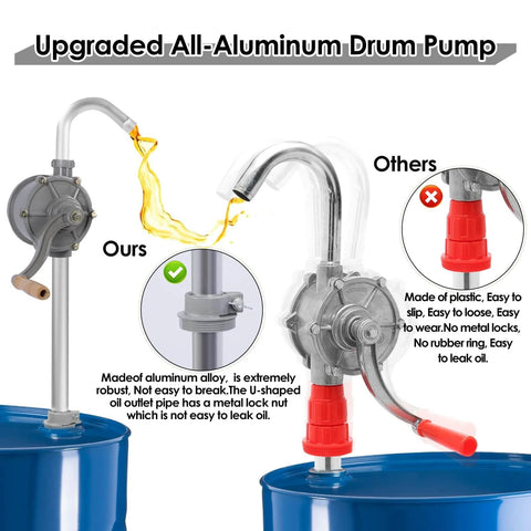 Comparison of upgraded all-aluminum MEKOTRIN 55 Gallon Drum Pump with plastic alternatives, featuring leak-prevention design.