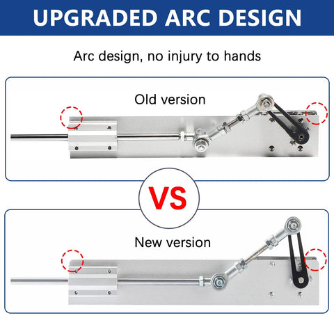 JQDML 24V reciprocating linear actuator with 30–150 mm adjustable stroke, 160 rpm, 30 lb torque, stand and connectors (old vs new arc design infographic)