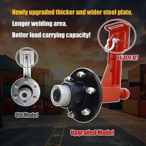 Comparison of old and upgraded heavy-duty container wheel kit components with six lug wheels and carbon steel U shackle bundles.