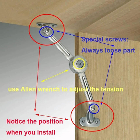 Close-up of 2 Packs [Upgraded] Qrity Cabinet Cupborad Furniture Door Lift Stay Support Hinge Damper installation with tension adjustment.