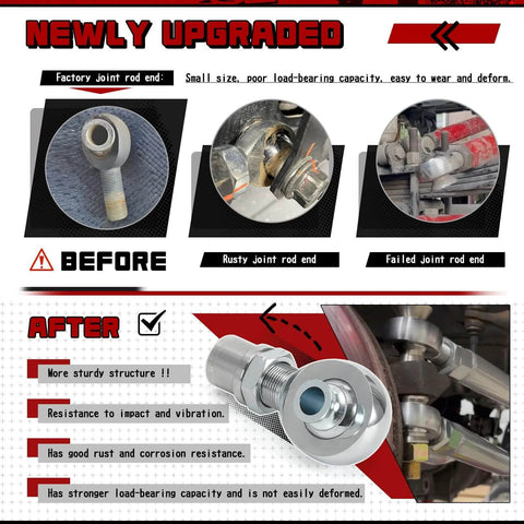 Comparison of factory and upgraded 1.25 inch Heim Joint Rod End Kit with chromoly rod ends used for suspension and steering