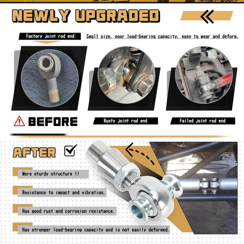 Before and after comparison of 3/4 Heim Joints Rod End Kit with Right and Left Hand Threads, highlighting improvements in strength and durability.