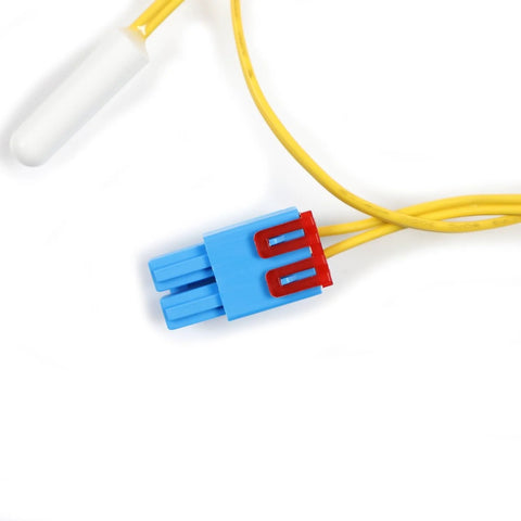 Blue 4-pin refrigerator temperature sensor plug with yellow wires and white thermistor probe