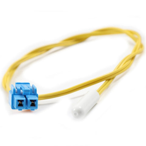 DA32-10105X refrigerator temperature sensor with yellow wire harness, blue 2-pin connector, and white probe