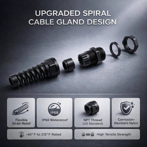 Half Inch NPT Flexible Cable Gland With Spiral Pigtail Cord Grip Strain Relief Two Pack components displayed next to icons illustrating features.