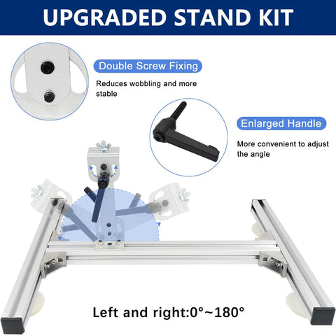 Upgraded stand kit for circular saw; aluminum rails, double screw fixing, enlarged handle, 0°–180° left–right range.