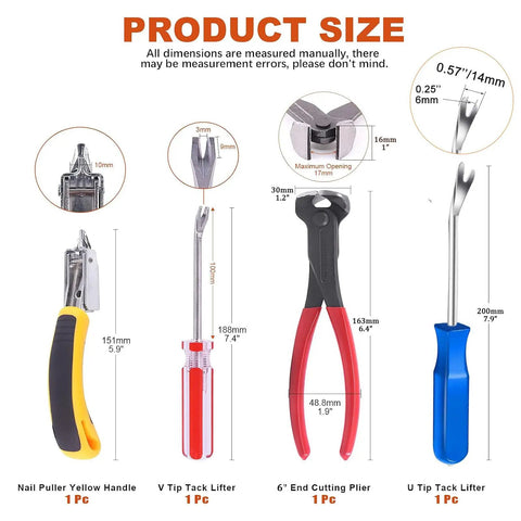 4-Piece Upholstery Staple Remover Tool Set With End-Cutting Pliers, Nail Remover, V-Nail Puller, U-Nail Puller shown with sizes.