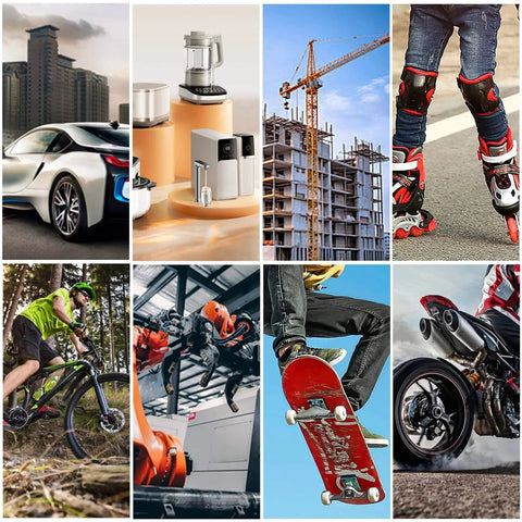 Collage of diverse industries: automotive, home appliances, construction, sports, cycling, robotics, skateboarding, motorcycling.