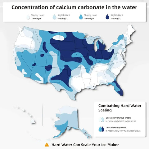 Map of the United States showing calcium carbonate concentrations in water with a hard water scaling guide.