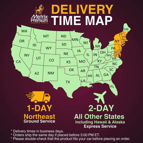 Metrix Premium delivery time map for Northeast 1-day service and 2-day express service in all other U.S. states.