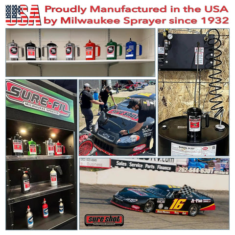 Collage of Milwaukee Sprayer products with cars, showcasing Heavy Duty Refillable 32oz Pressurized Sprayer For Oil Solvent Degreasers And Lubricants