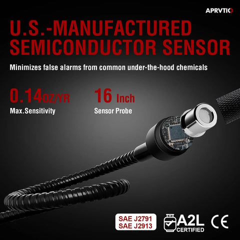 HVAC refrigerant leak detector with 16-inch sensor probe, black coiled cable, and exposed circuit board.
