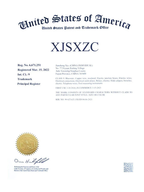 Image of a United States Patent and Trademark Office certificate with registration details and an official seal.