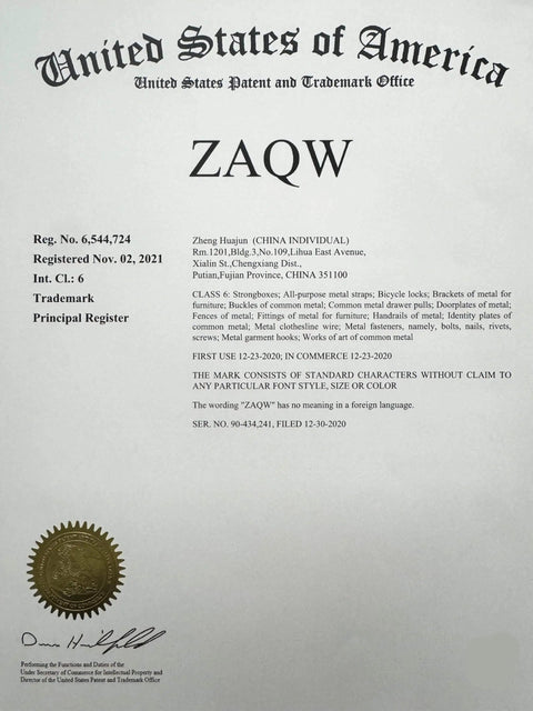 United States trademark certificate for ZAQW, registered on Nov 2, 2021, detailing registration information and trademark class.
