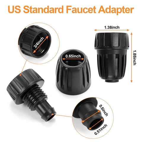 Six Pack Three Quarters Inch Female Pipe Thread To One Half Inch Drip Tubing Adapter For Garden Irrigation FHT To One Half Inch Barbed Drip Line Connector PVC Faucet Adapter Connects Three Quarters Inch Faucet Hose Bibb Easy Install shown from multiple angles