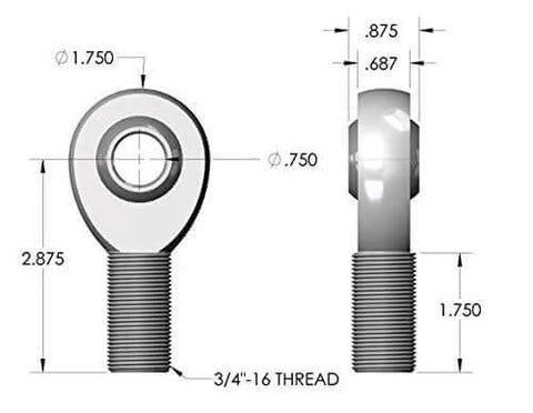 Diagram of USA 3/4 Rod End Heim Joint Kit with Right and Left Hand Threads, showing dimensions and .750 Chromoly material.
