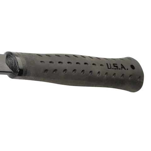 USA-made 19 oz rip claw framing hammer with milled face and shock reduction grip, close-up of grip showing U.S.A. marking.