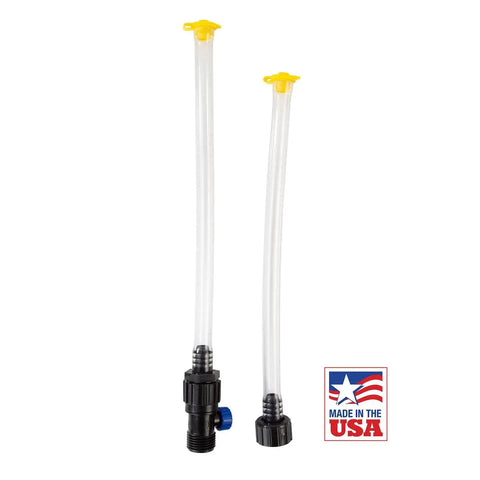 Made in the USA water level tool delivers precise grading for yards and construction, hose-ready with a shut-off valve, side view