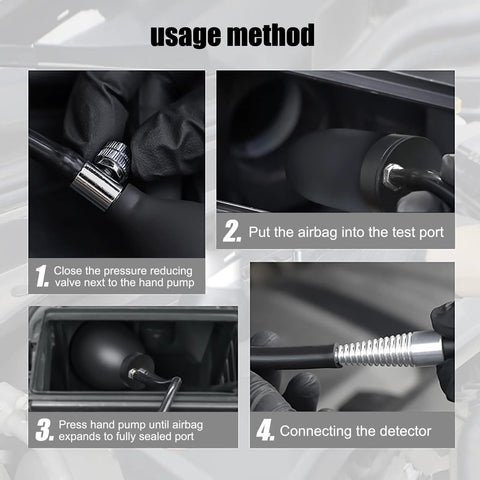 OBDMONSTER universal intake bladder leak detector kit; four-step usage: valve, airbag port, expanding bladder, detector hose.