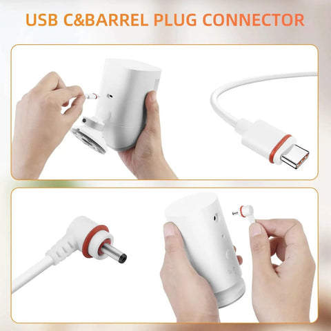 USB C to barrel plug adapter connecting to security camera from 2 Pack 4W Solar Panel Charger For Outdoor Security Cameras Compatible With Stick Up Cam 2nd/3rd Gen And Spotlight Cam Plus Pro Battery, 10 Ft Cable With USB C To Barrel Plug Adapter, Waterproof And Easy Installation