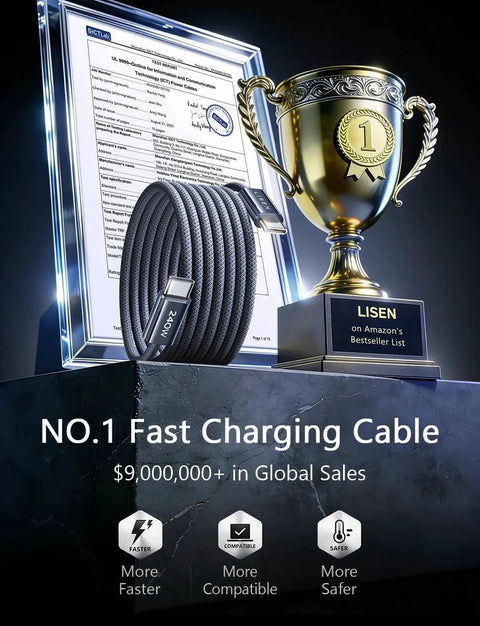 USB C To USB C Cable 240W Fast Charging PD3.1 EPR 6.6ft 2 Pack with sales trophy and certificate display
