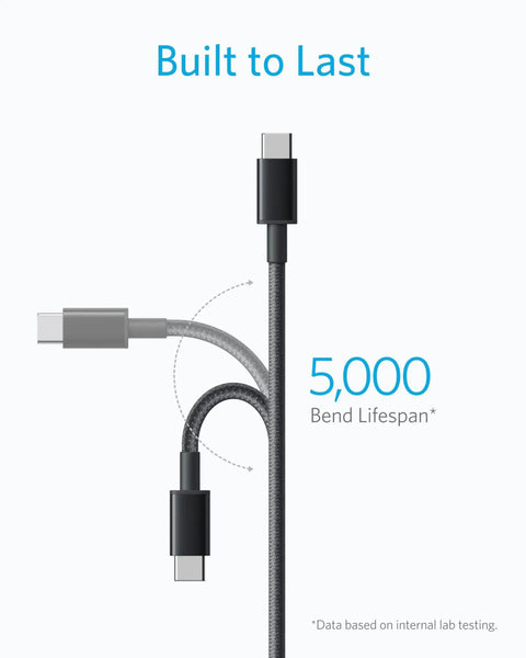 Image showing USB C To USB C Cable 60W Fast Charging Nylon Braided 6 Ft 2 Pack with bend lifespan of 5000 bends, built to last.