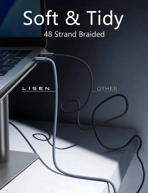 Lisen USB C To USB C Cable 240W Fast Charging PD3.1 EPR 6.6ft plugged into laptop with contrasting cables labeled 'Lisen' and 'Other'