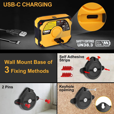 Three In One Digital Laser Level with USB-C charging port and three wall mount methods: self-adhesive strips, pins, and keyhole opening.