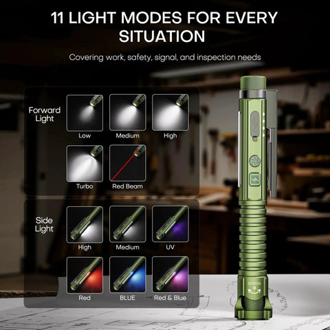 Compact USB C rechargeable EDC flashlight delivers 800 lumens with a bright main beam and a handy side light, 11 modes displayed.