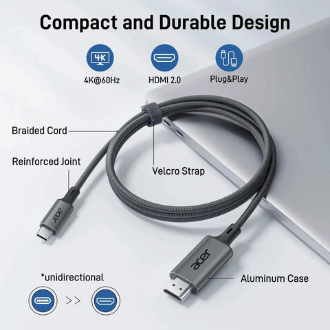 USB C to HDMI Cable 4K 60Hz Thunderbolt Compatible Braided Video Cable shown with laptop, highlighting features like braided cord and reinforced joint.
