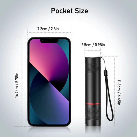 Rechargeable USB C LED Flashlight With 1800 mAh Battery Zoomable Beam Four Modes And Adjustable Brightness next to smartphone.