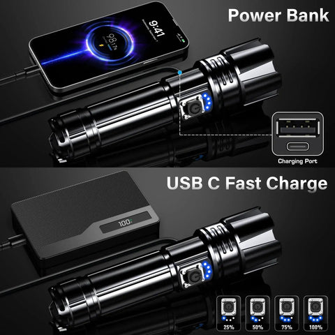 Rechargeable LED Flashlight 99000 Lumens Ultra Bright Zoomable Head USB C Fast Charge 5000mAh Two Pack shown with charging devices