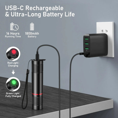Rechargeable USB C LED Flashlight With 1800 mAh Battery Zoomable Beam Four Modes And Adjustable Brightness charging via USB adapter