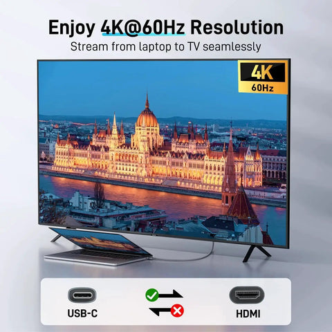 USB C to HDMI Cable 4K 60Hz Thunderbolt Compatible Braided Video Cable connecting laptop to TV display