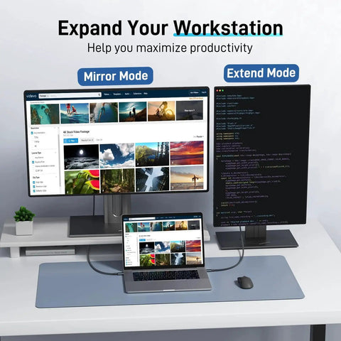 USB C to HDMI Cable 4K 60Hz Thunderbolt Compatible Braided Video Cable connected to laptop showing mirror and extend modes