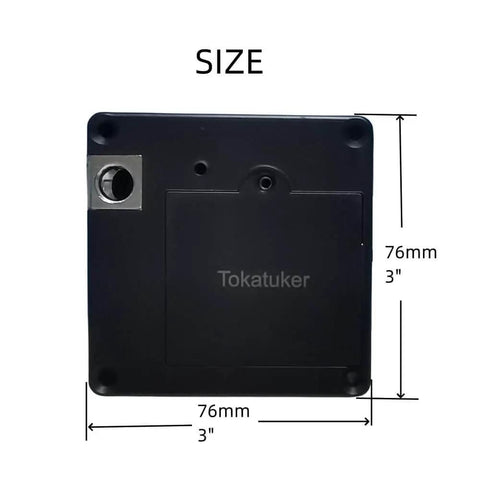 Discreet USB powered cabinet lock with NFC and RFID access for wooden drawers, shown with dimensions 76mm by 76mm