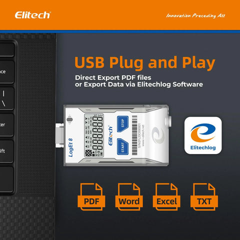 Elitech USB temperature data logger, white body with blue Start/Stop buttons