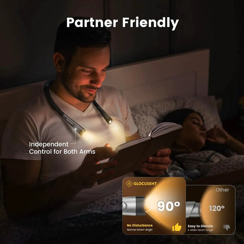 Man using Three Color Temperature Modes And Six Brightness Levels Bendable Neck Reading Light USB Rechargeable at night in bed