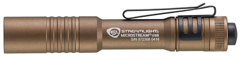 Ultra compact USB rechargeable flashlight delivers 250 lumens for indoor tasks and outdoor emergencies, side view with clip.
