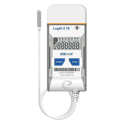 Elitech LogEt 8 TE USB temperature data logger with external sensor, white device and blue Start/Stop buttons