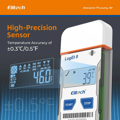 Elitech LogEt 8 USB temperature data logger with external sensor, orange top, 16000-point log, START/STOP buttons