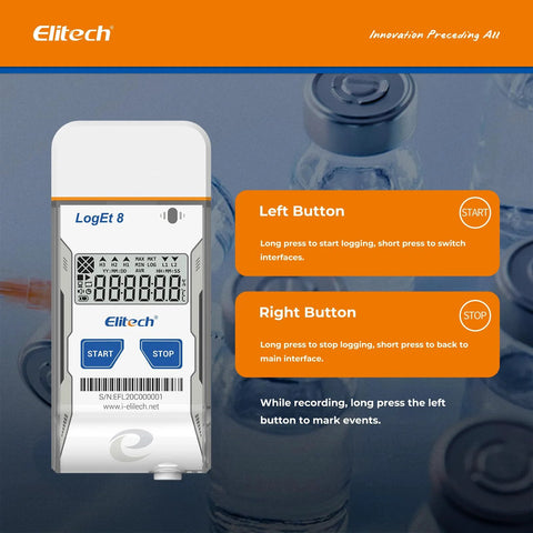 Elitech USB temperature data logger with digital display and blue START/STOP buttons.