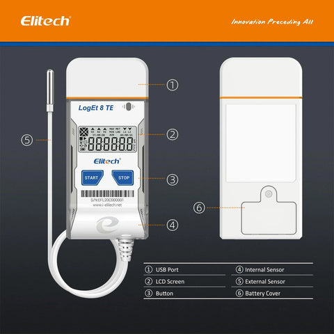 Elitech LogEt 8 TE USB temperature data logger with external probe; white with orange band, front and back views (2 items)