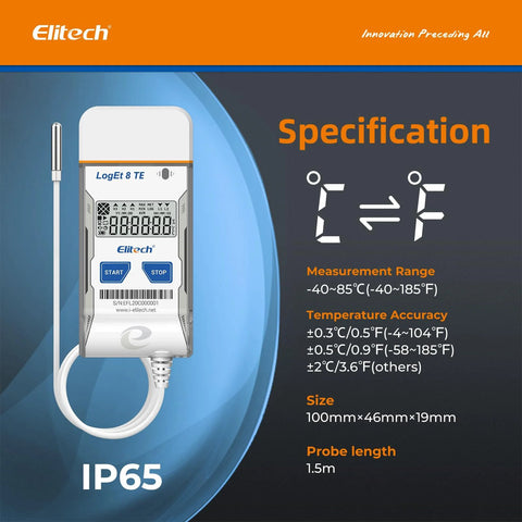 Elitech LogEt 8 TE USB temperature data logger with external probe; white/silver body, blue Start/Stop buttons, IP65.