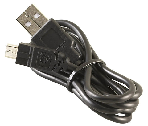 Black USB cable with standard and micro USB ends for charging, coiled and secured with a tie, suitable for flashlights and devices.