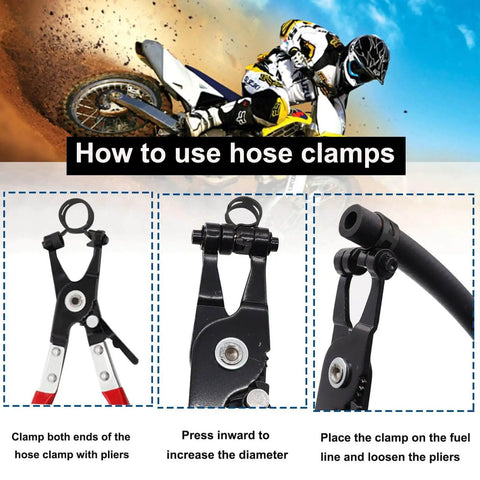 Assorted Spring Hose Clamps Kit, 140 Pcs, 6 To 22 Mm Range, showing pliers and clamp installation steps.