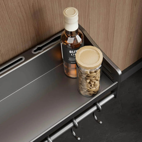 Wall mounted kitchen rail with hooks holding olive oil and a jar, utensil hanger with waterproof hooks, easy installation without drilling, 23.6 inches