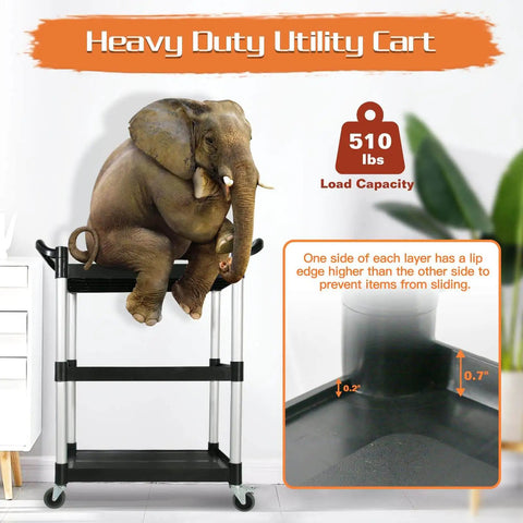 Elephant sitting on Built To Haul 3 Tier Utility Cart On Wheels With 510 Lb Capacity For Kitchen Office And Warehouse Rubber Pad